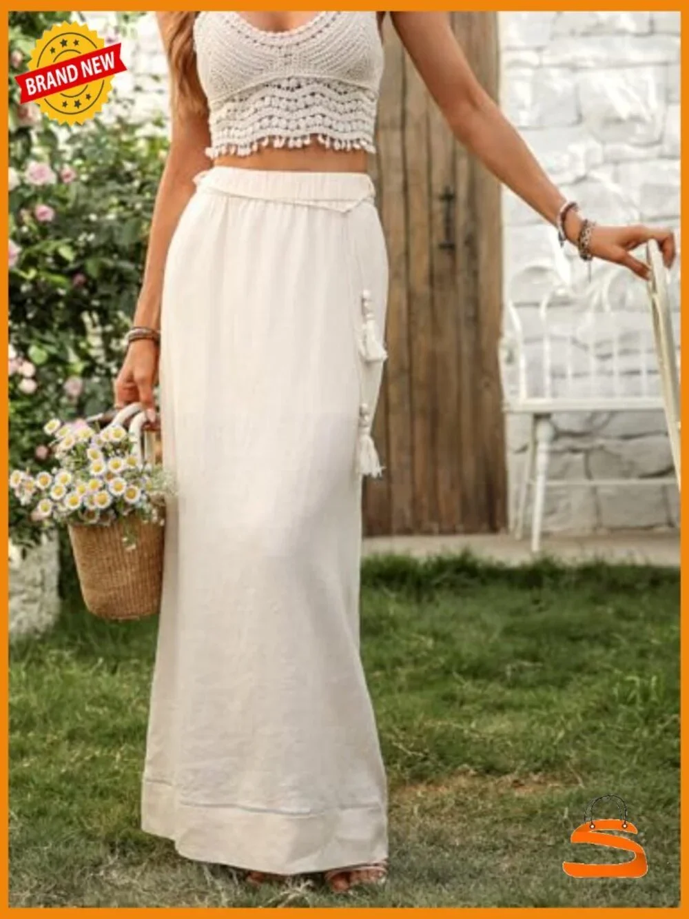 100% Linen Maxi Skirt with Detachable Tassel Belt A-Line Wrap